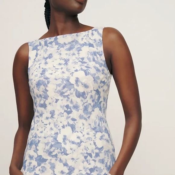 Reformation NWOT Topanga Blue Off White Floral Midi Sleevless Georgette Dress L - Picture 15 of 16